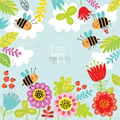 可爱的,蜜蜂,绘画插图,背景,请柬,贺卡,浆果,蜂蜜,春天,装饰物