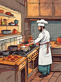 AI数字艺术手绘厨师在厨房烹饪插图
