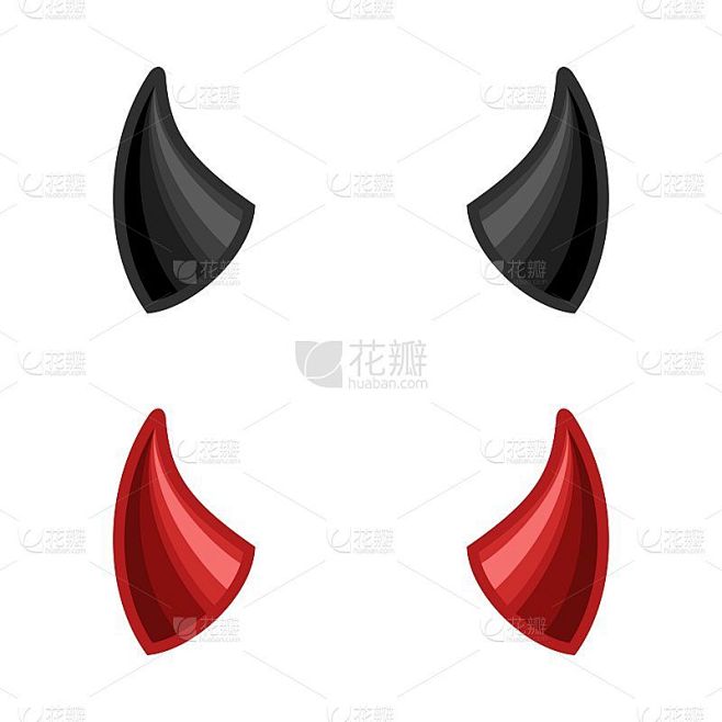 魔鬼角孤立在白色的背景下，红色魔鬼和黑色魔鬼撒旦角的图标。怪物的象征。矢量图