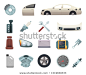 Car parts. Automobile creation kit with gear wheels disc engine transmission steel white door brown seat and headlight icons