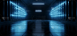 科幻未来的蓝色网络现代霓虹Led箭头灯猫步隧道车库走廊仓库地下垃圾混凝土水泥3D渲染