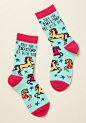May the Horse Be With You Socks : May the Horse Be With You Socks - These bright crew socks prove your geekiness runs gloriously deep! Pairing a horse-themed pun with an epic space opera movie reference, these aqua, hot pink, and bold yellow socks make lo
