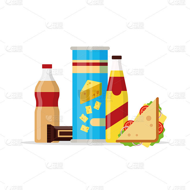 零食产品集，快餐零食，饮料，薯条，果汁，三明治，巧克力孤立在白色背景。矢量平面插图