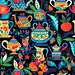 Photo a close up of a pattern of colorful teapots and flowers generative ai