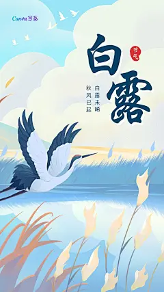 蓝淡黄色扁平插画白露节气手机海报