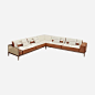 Hermes 5-seater corner sofa in Canaletto walnut with cane work on the right side. Upholstered in leather and fabric infawn and cinnamon, fabric bag on the left armrest. Comes with five large pillows and five small pillows in fauve Taurillon H leather and 