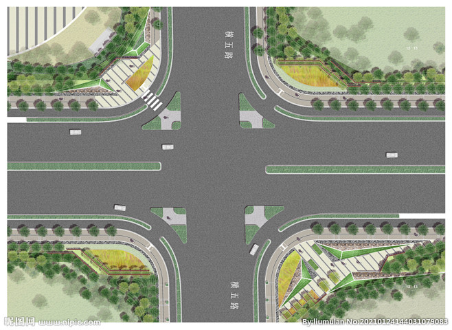 道路交叉口绿化景观设计平面图设计图__3...