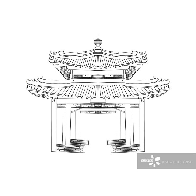 手绘颐和园黑白知春亭图片素材