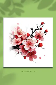 手绘梅花桃花卡通插画背景图-众图网