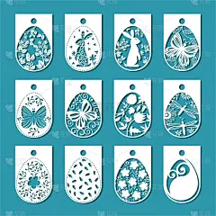 复活节标记集。白色装饰蛋激光切割在蓝色背景。贺卡图标，标签
