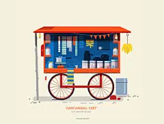 印度艺术家 ranganath krishnamani 以插画的方式绘制的印度推车。从鲜艳的鲜花到新鲜的蔬菜、剃过的冰果，再到能让你的味蕾震耳欲聋的美味小吃，它们构成了生活文化的生命线。 ​​​​