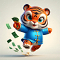 tiger in blue outfit with money in the background
