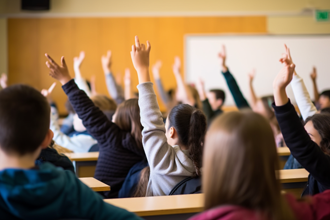 小学生举手发言教师节课堂学生人物摄影图