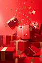 Confetti and gold wrapped gifts on a red background, in the style of danish design, monochromatic compositions, luminous shadows, bright color blocks, atmospheric installations, exacting precision, 20th century scandinavian style