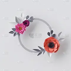 3d渲染，抽象纸花，花背景，空白圆形框架，贺卡模板