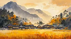 山村秋景水彩画高清模板免费下载-趣麦麦图