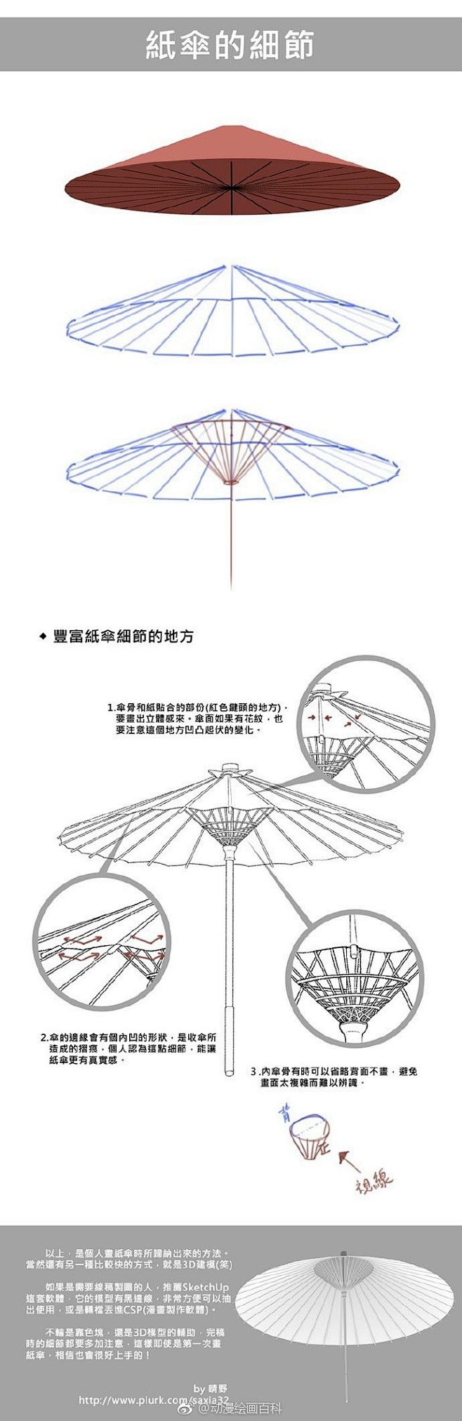 不同角度的伞的参考素材与纸伞的画法
#绘...
