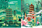 中式国潮上海成都武汉西藏杭州城市地标建筑手绘插画PSD设计素材-淘宝网
