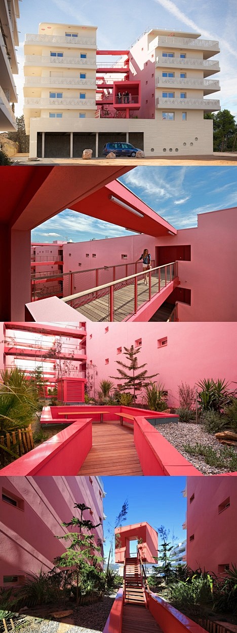 樱桃色墙壁框架的屋顶花园-公寓大楼，位于...