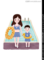 亲子插画母子游泳