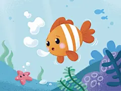 不会做圆泡泡的小鱼 儿童插画 人物设计 人物儿童插画 儿童书籍 几何 儿童书籍插图 海洋泡泡 nemo 小丑鱼 可爱的鱼鱼