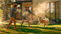 Father, Daughter, Son Play With golden retriever