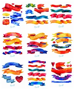 18组水彩效果缎带飘带Banner矢量素材 AI+EPS  - PS饭团网