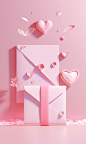 Valentine's day theme with envelope, flower and ribbon on light surface with heart shape, in the style of playful streamlined forms, light pink, brandon woelfel, miniature sculptures, bold geometric minimalism, monochromatic simplicity, eye-catching detai