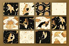 124张神秘魔法女孩天体月亮星星太阳占星术AI矢量插画插图设计素材 Celestial Magic. Cliparts &amp; Patterns插图7