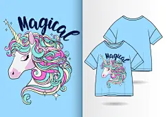 矢量手绘T恤插画卡通可爱时尚女孩独角兽服装印花人物AI设计素材