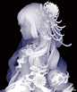 艺术家仅用蓝黑白三个色调就创作出荧光色的三维效果作品，画中的女孩像鬼魂般飘渺灵异 ，并结合魔法阵、鬼火、武器等元素为作品增加了死亡和暴力的黑暗气氛。| 日本艺术家 Kazuki Takamatsu（高松和树） ​​​​