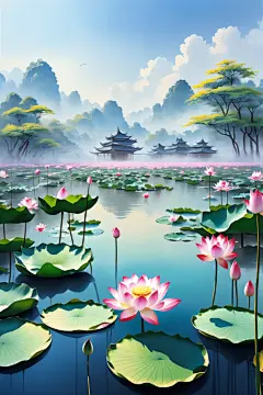 湖面荷花荷叶插画图片