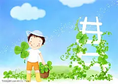 手绘儿童插画之提着装满四叶草篮子的男孩和四叶草背景