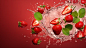 Small amount of flying pieces of strawberry and mint leaves in a lemonade juice, spaced on a white background and centered in the middle, explosive view of the middle, accurate hyperrealism, textured organic shapes, smooth white transparent background, gr