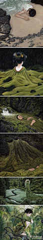 视觉中国灵感库Moki：自然的衣装。德国汉堡的艺术家Moki受到了日本艺术家Hayao Miyazaki将人与自然相融合的艺术创意，创作出了这个系列的作品。在这些作品中，画中女主人公用自然界的山山水水做自己的披装，融合地天衣无缝。