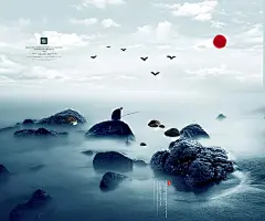 中国中式古风山禅意水墨电视背景墙装饰画海报PS设计素材模板|