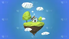 浮岛与房子和天空中的云彩