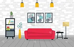 沙发,绘画插图,起居室,花瓶,灯,舒服,室内,家具,桌子,矢量