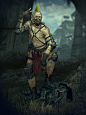 This may contain: an animated character standing on top of a stump in the woods with chains around his neck