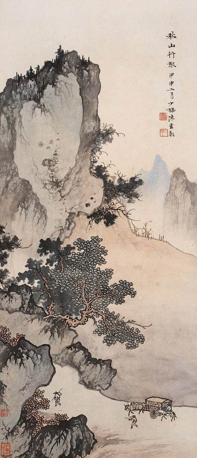 陳少梅 山水画 掛け軸 中堂 小邨山景図 中国画 サイズ：77×175cm 陈少梅——人物山水画欣赏| 陈少梅（1909-1954），名云彰，号升湖，学省