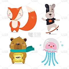狐狸，狗，熊，水母。可爱又酷的小动物在微笑。卡哇伊卡通动物宝宝角色集。平手绘插画儿童海报。孩子的主题
