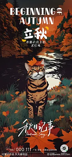 立秋分节萌宠宠物猫卡通可爱节气海报-源文件下载