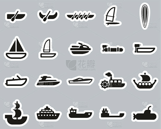 船或船图标黑白贴纸设置大