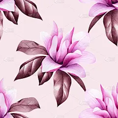 水彩木兰树粉红花无缝图案。孤立手绘植物背景。