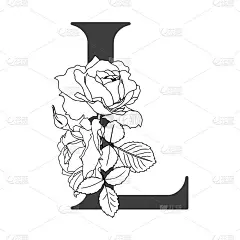 向量的字母表。字母l的花图案。装饰婚礼请柬、贺卡、花店名片。线形玫瑰的花卉设计。