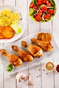 鸡腿,蔬菜,垂直画幅,格子烤肉,煎鸡肉,四肢,煮食,家禽,烤鸡,西红柿
