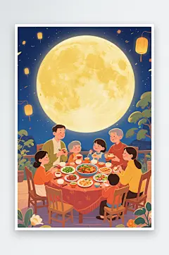 逛花灯赏月亮团圆饭中秋节阖家团圆人物插画