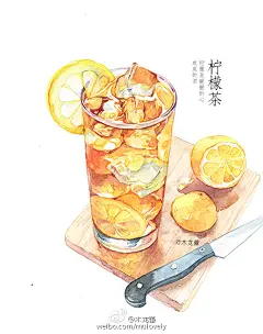 清爽柠檬茶【lemon tea】每天早起，就是为了多画一张画，这张水彩画有拍摄手绘过程图，晚一些分享天气太热，只好手动降温！#手绘水彩# #水彩日记# ​​​​