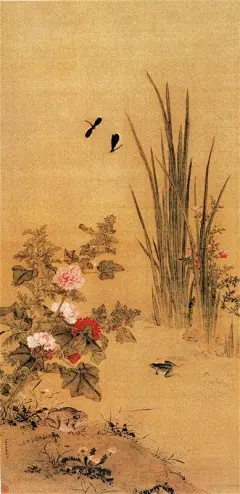清--余樨--《端阳景图》——
立轴，绢本，设色，纵137.3厘米，横68.8厘米。北京故宫藏。
此画以挺秀细润的笔法，将菖蒲、蜀葵、蜻蜓、蟾蜍和青蛙等自然景物有机结合起来。构图简洁、疏密相宜，用笔工整，严而不板，秀润中略得野趣。花的娇态，叶的反正，蜻蜓的飞翔，青蛙的游姿，描绘的都很细致，具有质感和动势，其写实功力，较为深厚。@北坤人素材
