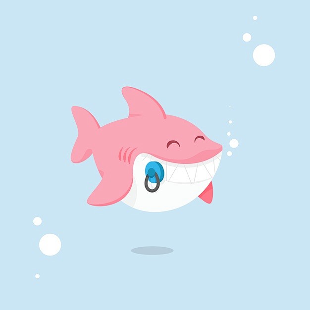 叼着奶嘴的可爱小鲨鱼卡通风格插画矢量图素...